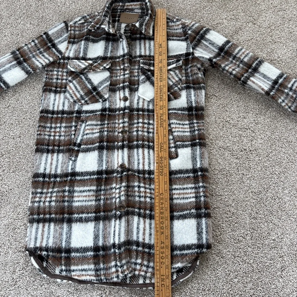 Blank NYC Womens Small Plaid Shacket Jacket Fuzzy Button Down‎ Brown White